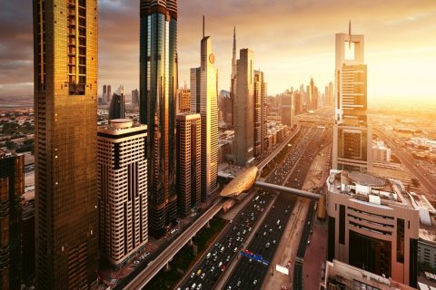 Sheikh Zayed Road through the centre of Downtown Dubai at sunset