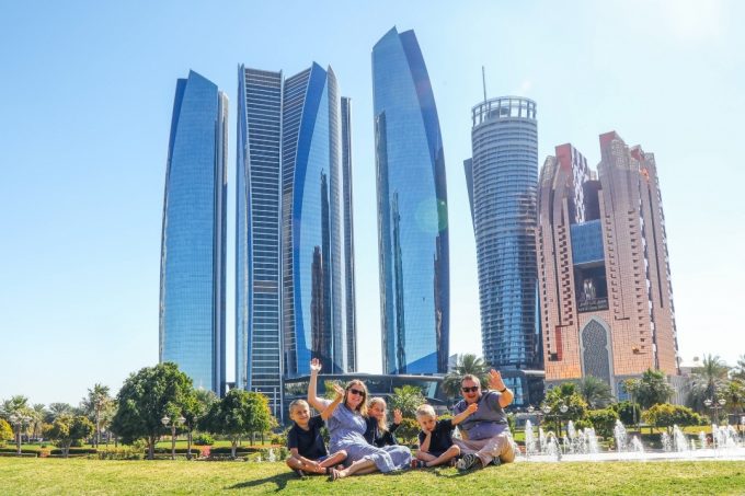 Our Globetrotters - family portrait by Localgrapher in front of Etihad Towers Abu Dhabi