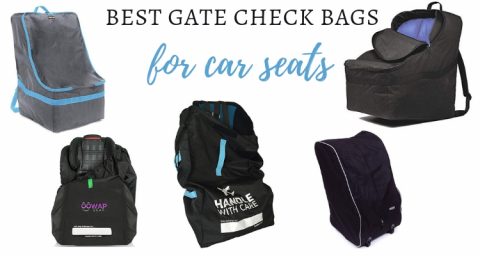 Graphic of many different styles of car seat travel bags with text overlay best gate check bags for car seats