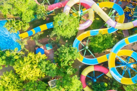View overhead of a water park with giant colorful slides