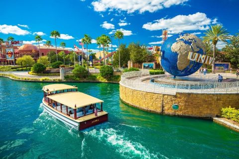 A water shuttle in front of the universal sign in Orlando