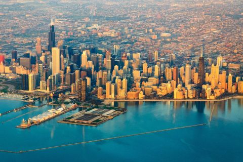 An overhead view of the Chicago highrise skyline