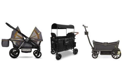 A selection of different styles of stroller wagon on white background