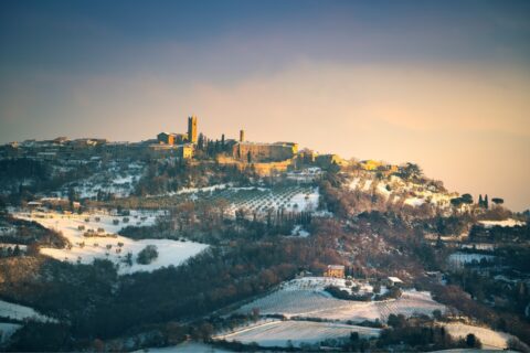 Tuscan village covered in snow in winter