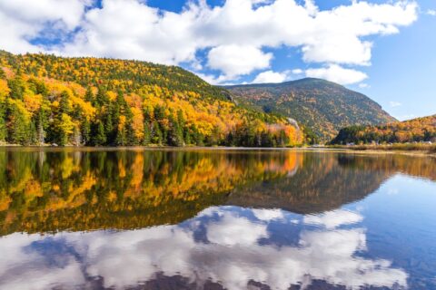 a picturesque lake in new Hampshire, new england with fall colors